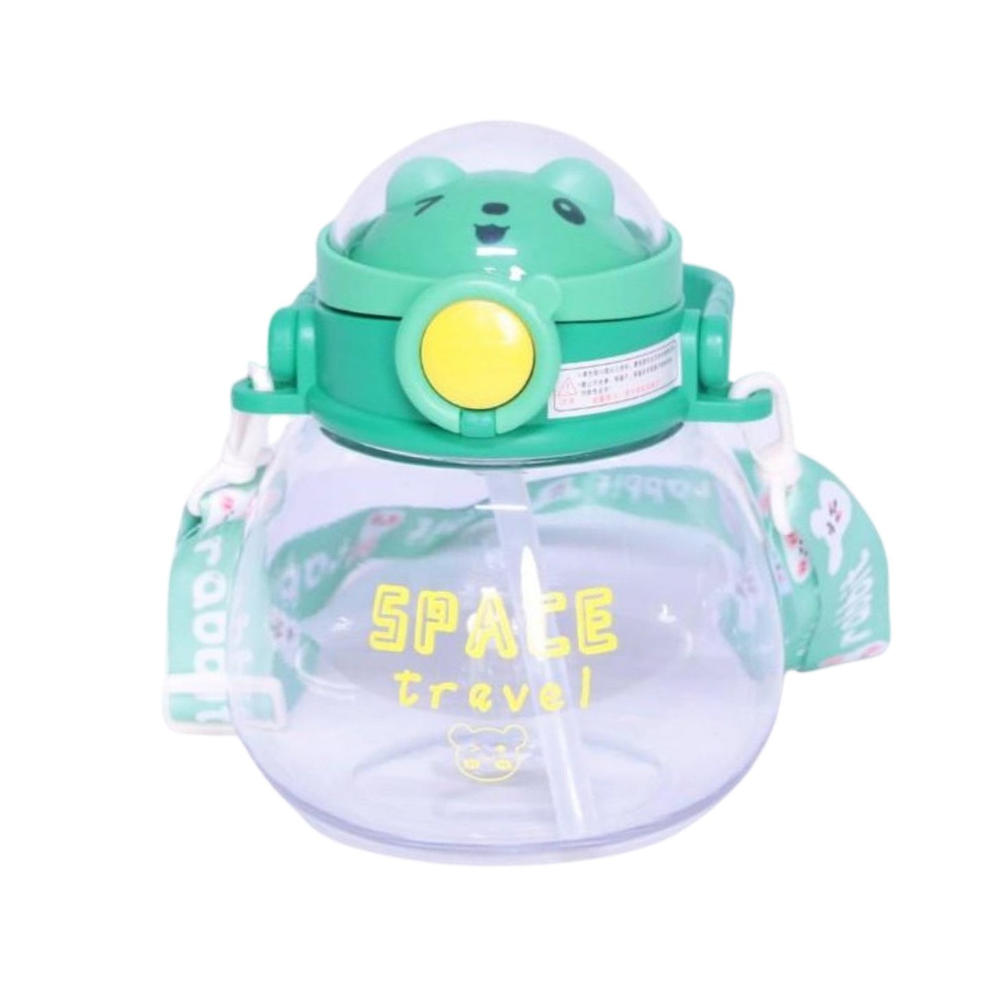 Bouteille d'eau enfant 1200ml Space Travel ourson avec paille, coloris vert, rose, marron et bleu