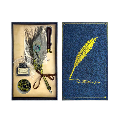 Coffret Plume de Paon & Cachet de Cire – Set Calligraphie Vintage (25.5 × 15 cm) - Librairie Oxford City