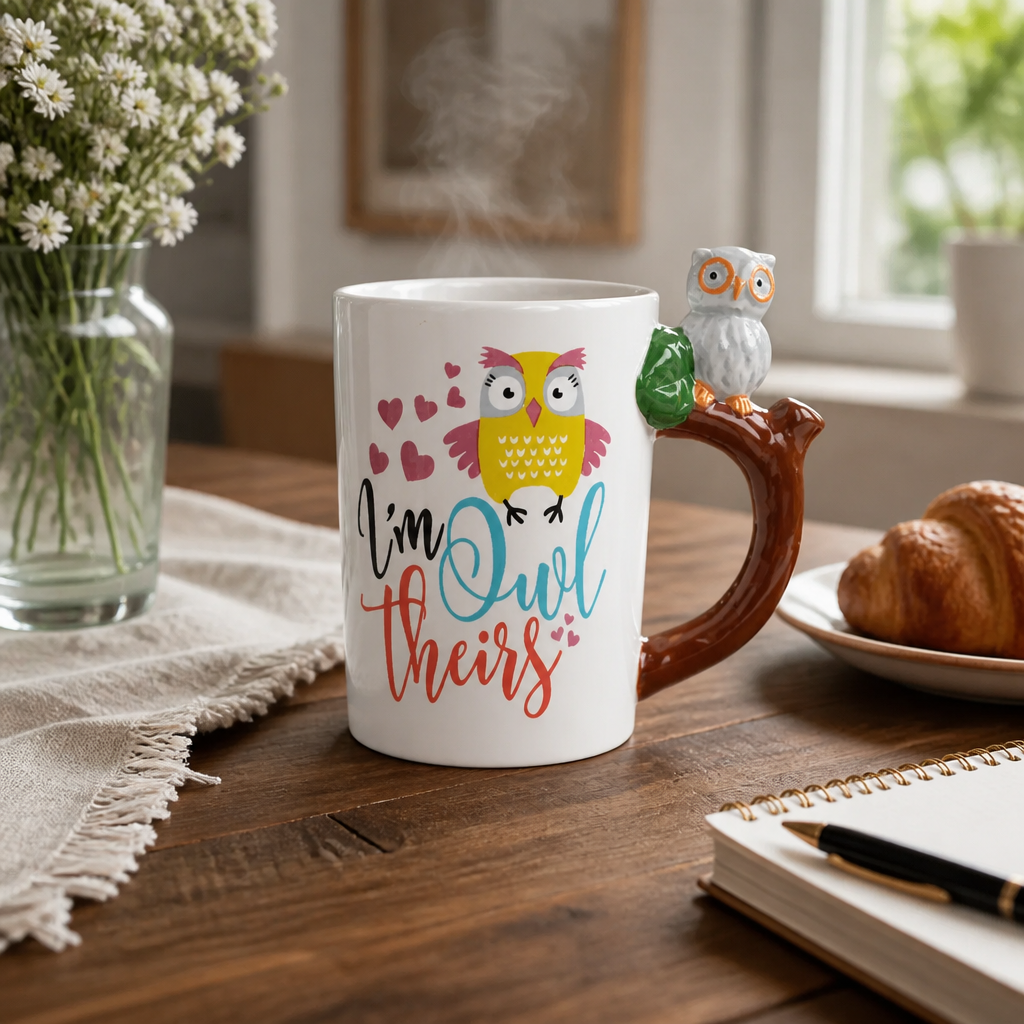 Mug en céramique blanc et jaune avec anse girafe et citation motivante