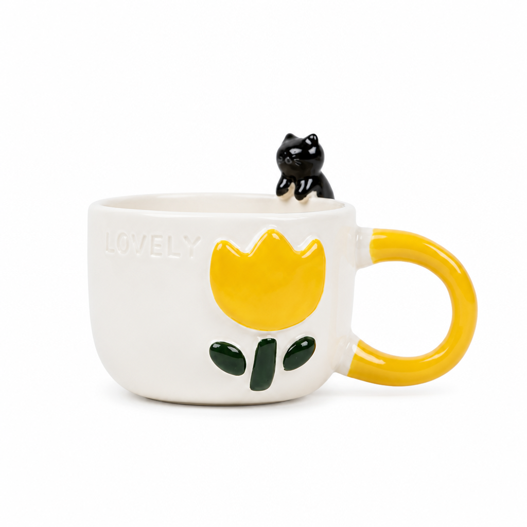 Mug en Céramique Décoratif — Motif Chat et Fleurs