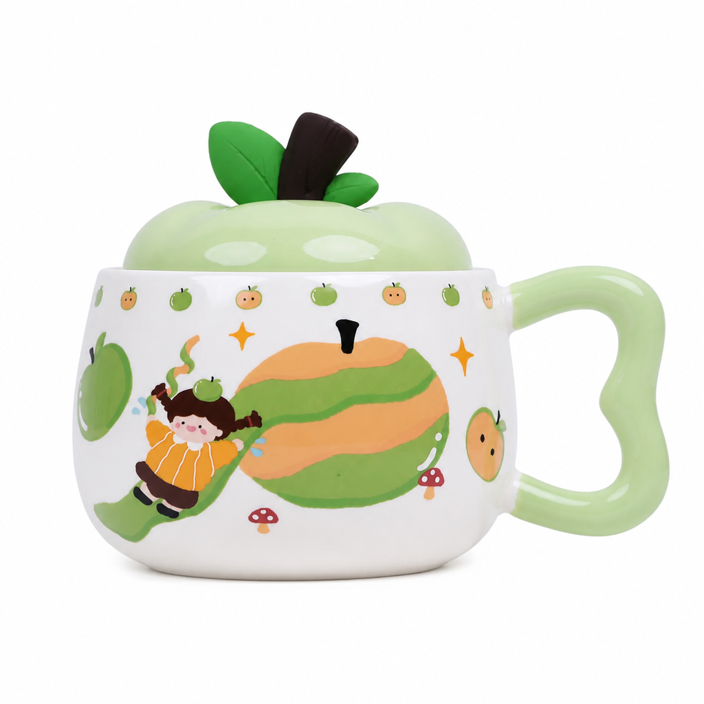 Lot de 2 mugs en céramique avec couvercle motif feuille, coloris vert, blanc et orange