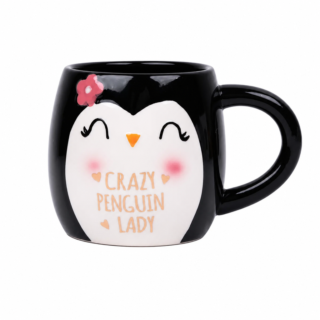 Mug en céramique blanc avec design pingouin et texte Crazy Penguin Lady en noir et rose