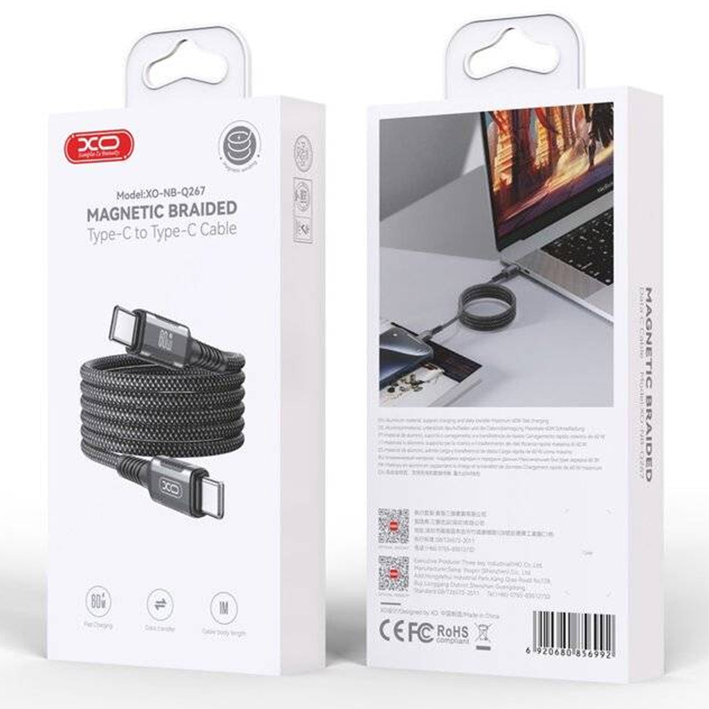Câble de données XO NB - Q267 tressé magnétiquement, USB - C vers USB - C, 60 W, 1 m - Librairie Oxford City