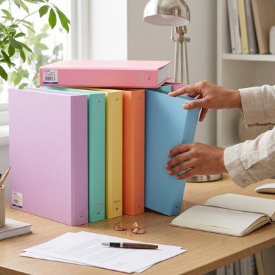 Classeur A4 dos 40mm Purple Essential en 6 coloris pastel : rose, vert menthe, jaune, orange, bleu ciel et violet — marque Purple, fabriqué en Tunisie