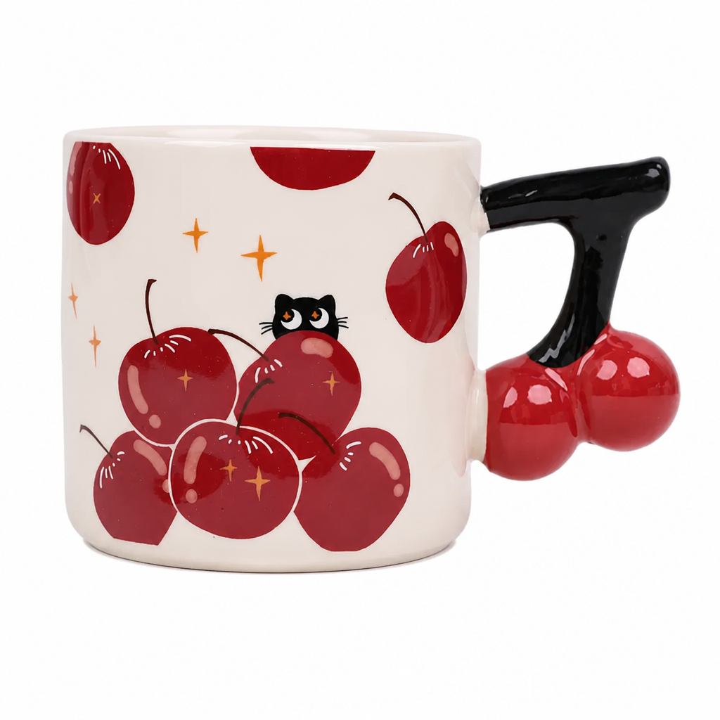 Mug en céramique blanc avec motif chat et cerises rouges, anse décorative noire
