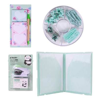 Pack bureau kawaii pastel rose : mini agrafeuse, accessoires, bloc-notes et clear book A5