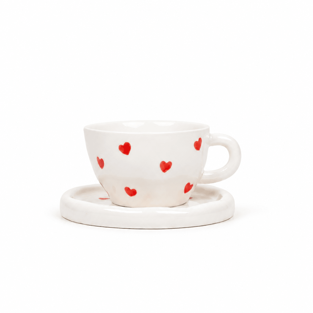Tasse en Céramique avec Soucoupe — Motif Cœurs Blanc et Rouge - Librairie Oxford City