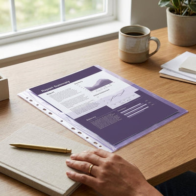 Pochette plan perforée A4 OfficePlast en PVC ultra-résistant transparent avec perforation 11 trous et poche frontale de 25mm — fabriquée en Tunisie