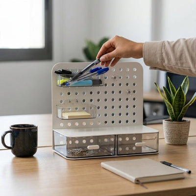 Organiseur de Bureau avec Pegboard et Tiroirs Transparents — Blanc / Beige - Librairie Oxford City
