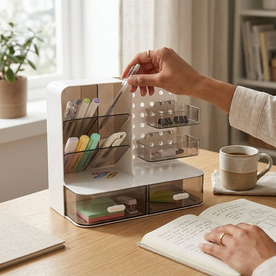 Organiseur de Bureau Multi - Compartiments avec Pegboard et Tiroirs — Blanc / Beige - Librairie Oxford City