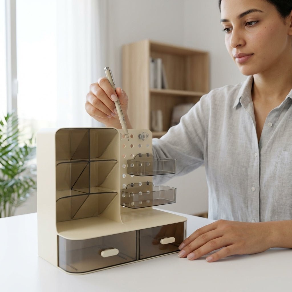 Organiseur de Bureau Multi - Compartiments avec Pegboard et Tiroirs — Blanc / Beige - Librairie Oxford City