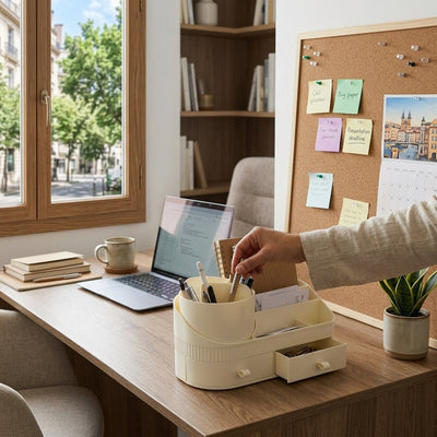 Organiseur de Bureau avec Pot Rotatif, Compartiments et Tiroirs — Beige / Bleu - Librairie Oxford City