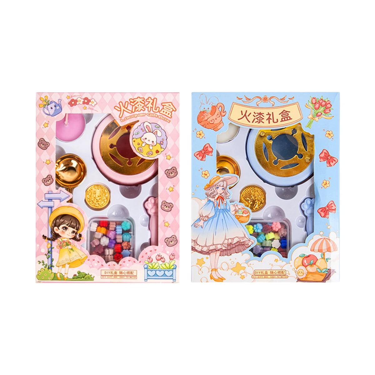 Coffret kit cire à cacheter avec tampons motifs lapin et fille, perles de cire rose bleu or et cuillère à fondre