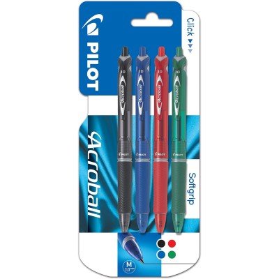 Blister 3+1 Acroball - Stylo bille - Noir/Bleu/Rouge + Vert - Pointe moyenne Pilot