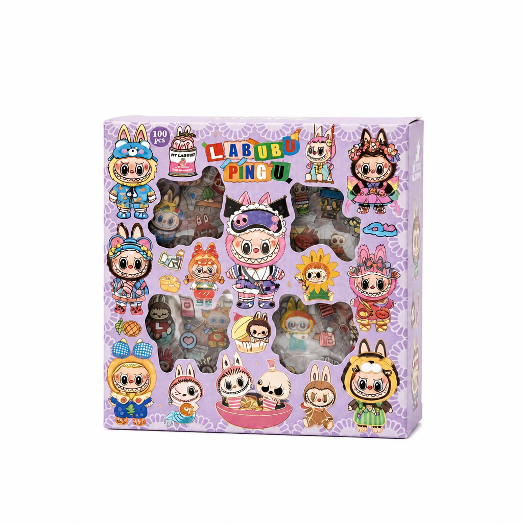 Ct de 100 Stickers Transparents — Personnages Labubu & Pingu - Librairie Oxford City
