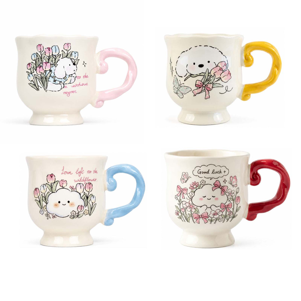 Mug en céramique crème avec illustration nuage et anse bleue
