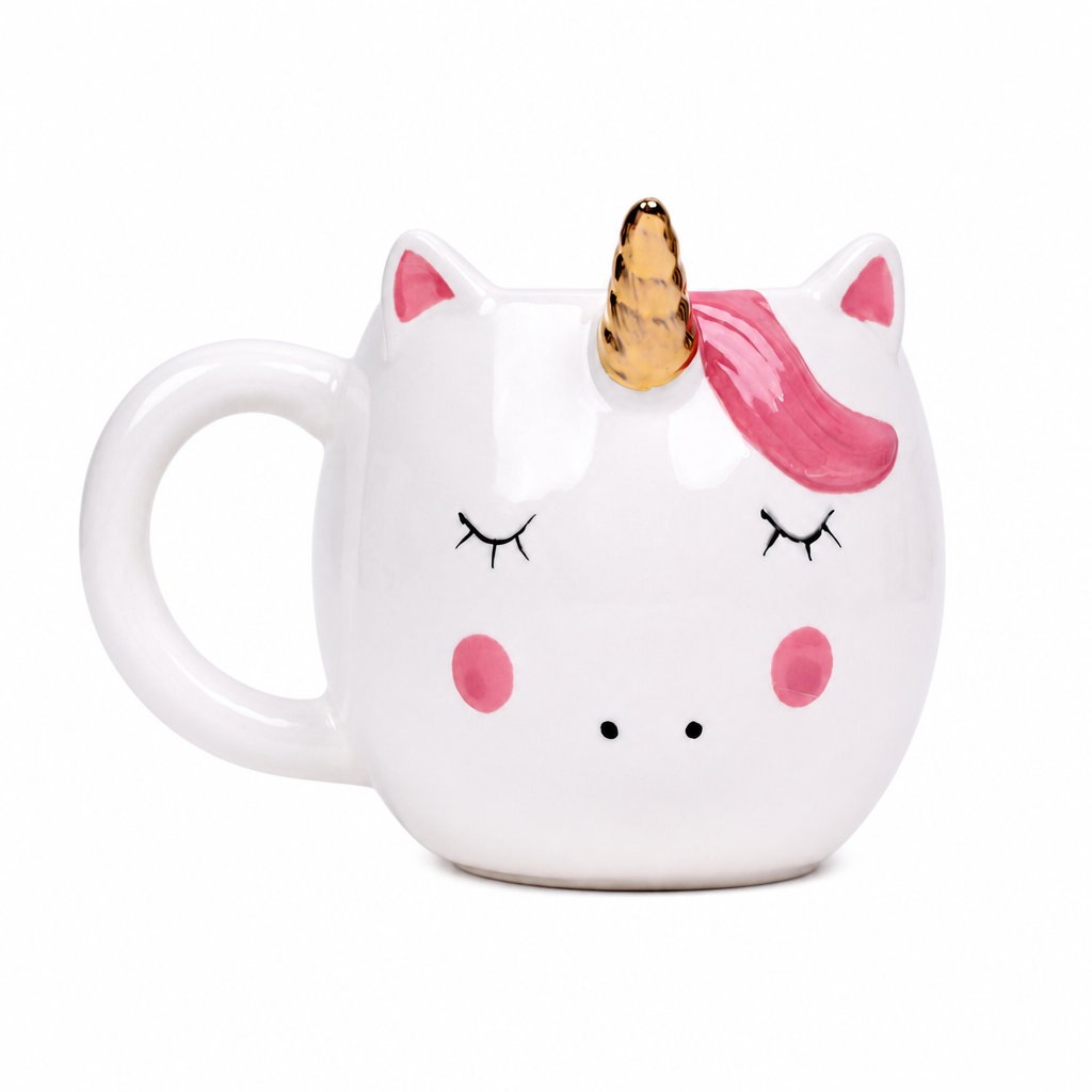 Mug céramique blanc avec motif licorne rose et doré, avec anse