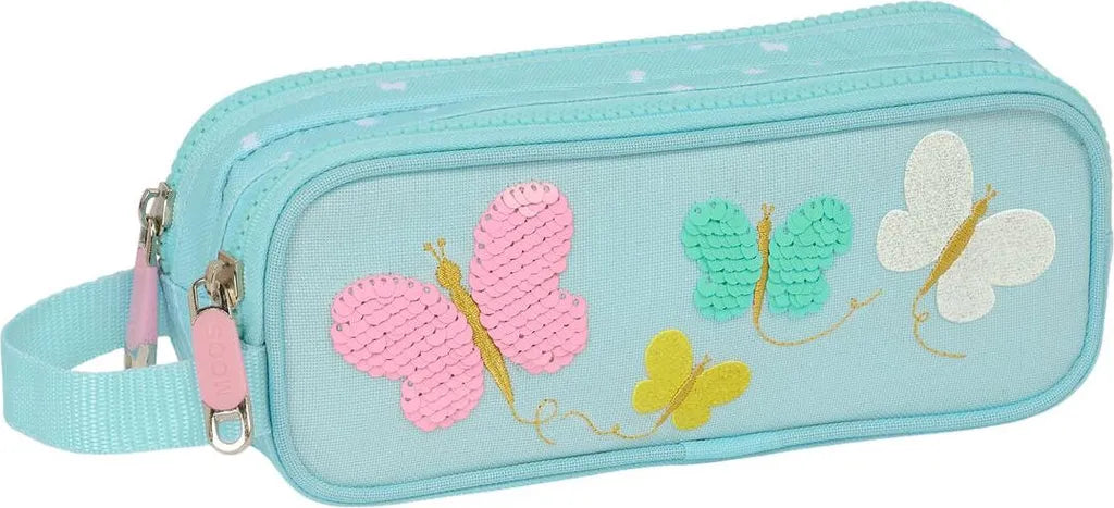 Trousse scolaire Joumma Bags motif papillon turquoise et rose, 2 zips