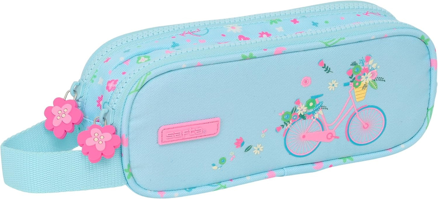 Trousse scolaire Safta motif bicyclette 2 compartiments bleu rose vert
