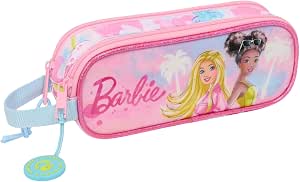 Trousse Safta Barbie 2 compartiments rose bleu jaune avec poignée