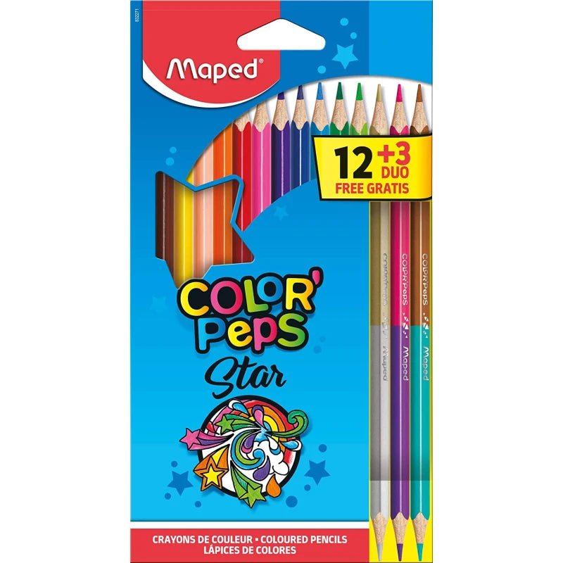 Maped Color Peps - 12 crayons de couleur + 3 crayons Duo - Fournitures scolaires - Librairie Oxford City