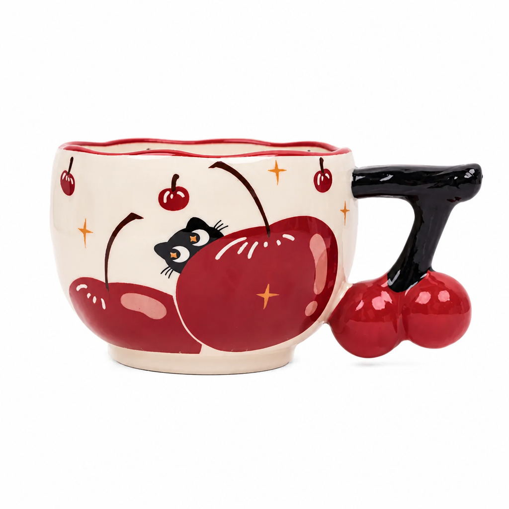 Mug en céramique rouge et blanc avec illustration chat et motif cerises, anse originale