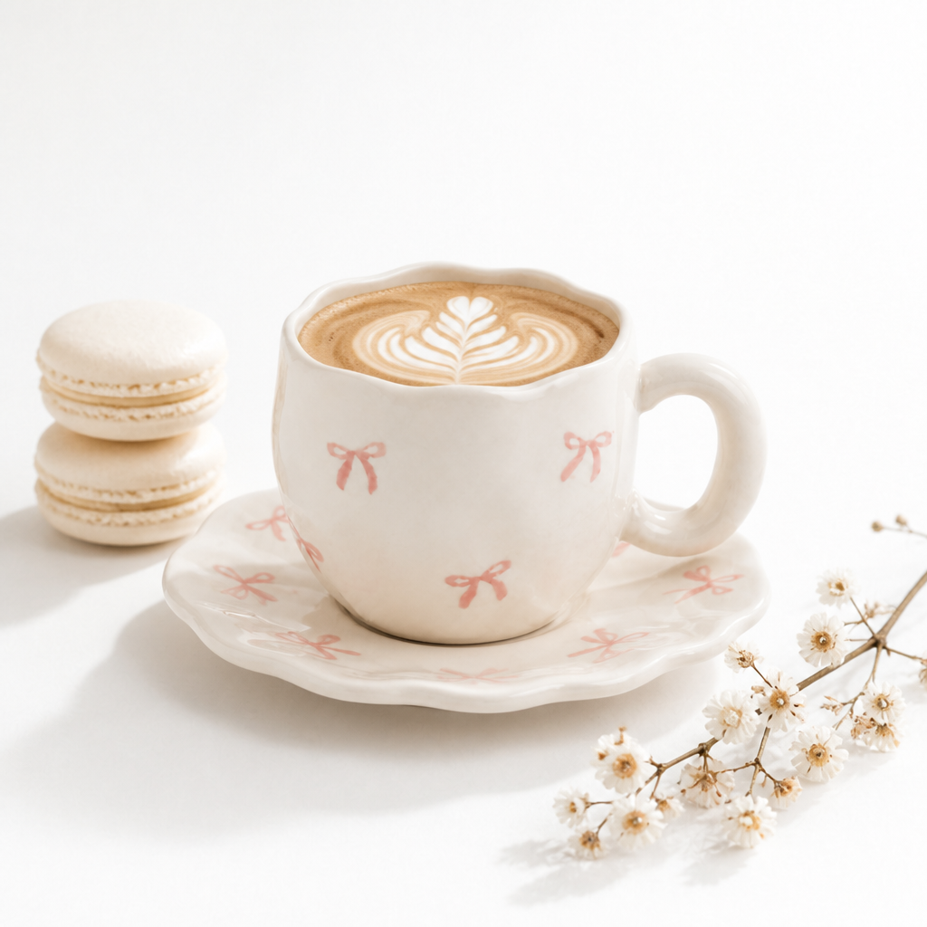 Tasse en Céramique avec Soucoupe — Motif Nœuds Rose et Blanc