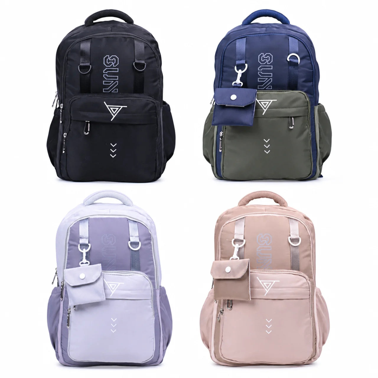 Sac à dos scolaire grand format beige avec pochette amovible et poche frontale