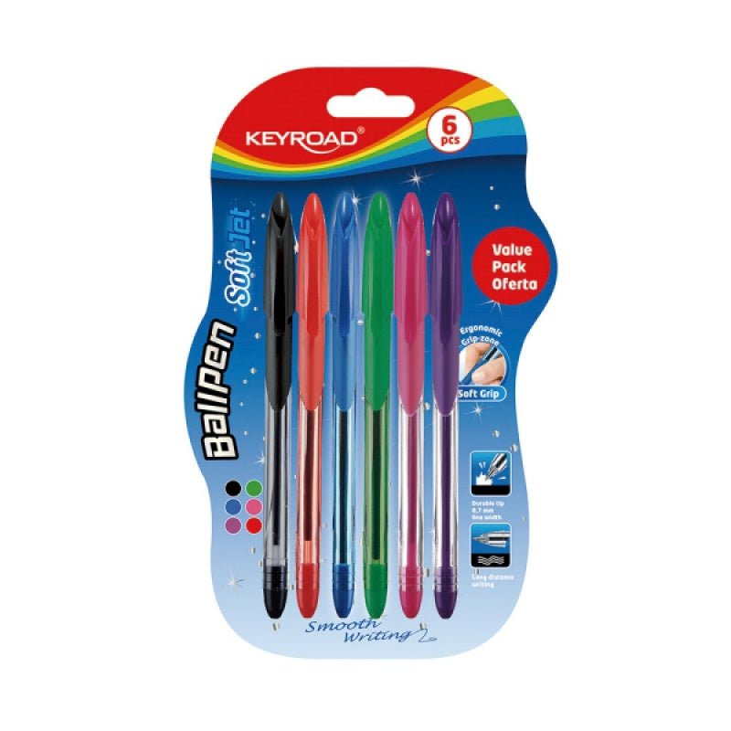 Stylo bille KEYROAD Soft Jet, 0,7 mm, lot de 6, blister, couleurs assorties - Librairie Oxford City
