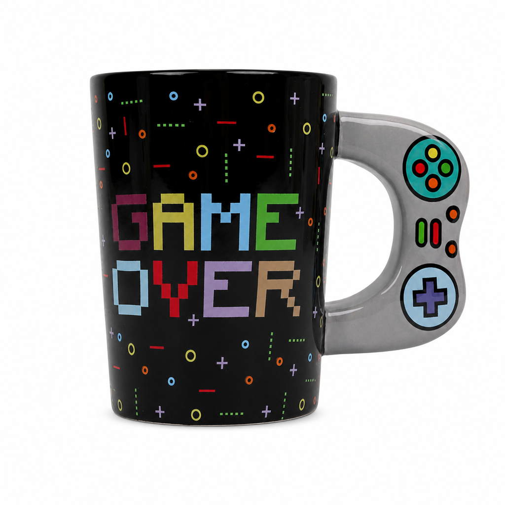 Mug céramique noir avec anse manette de jeu et texte pixelisé multicolore