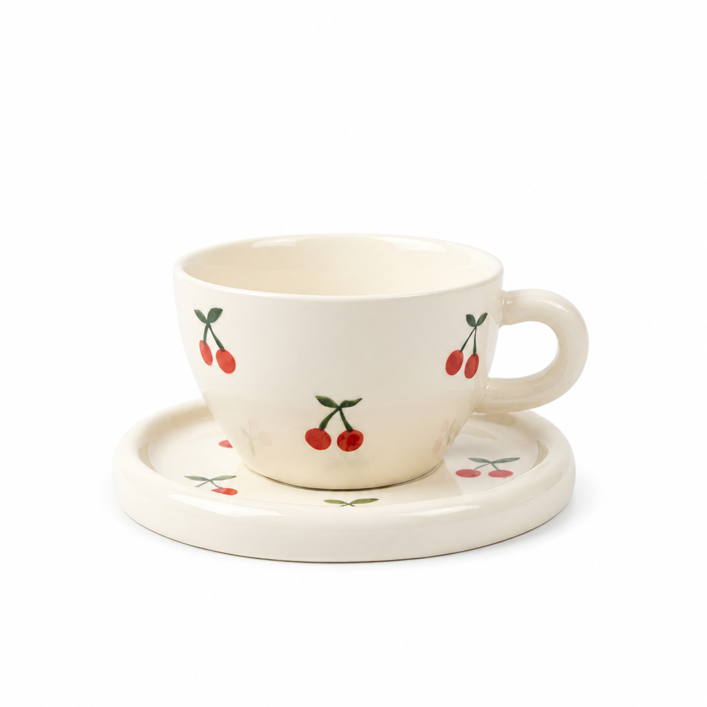 Tasse et soucoupe en céramique crème avec motif cerises rouge et vert