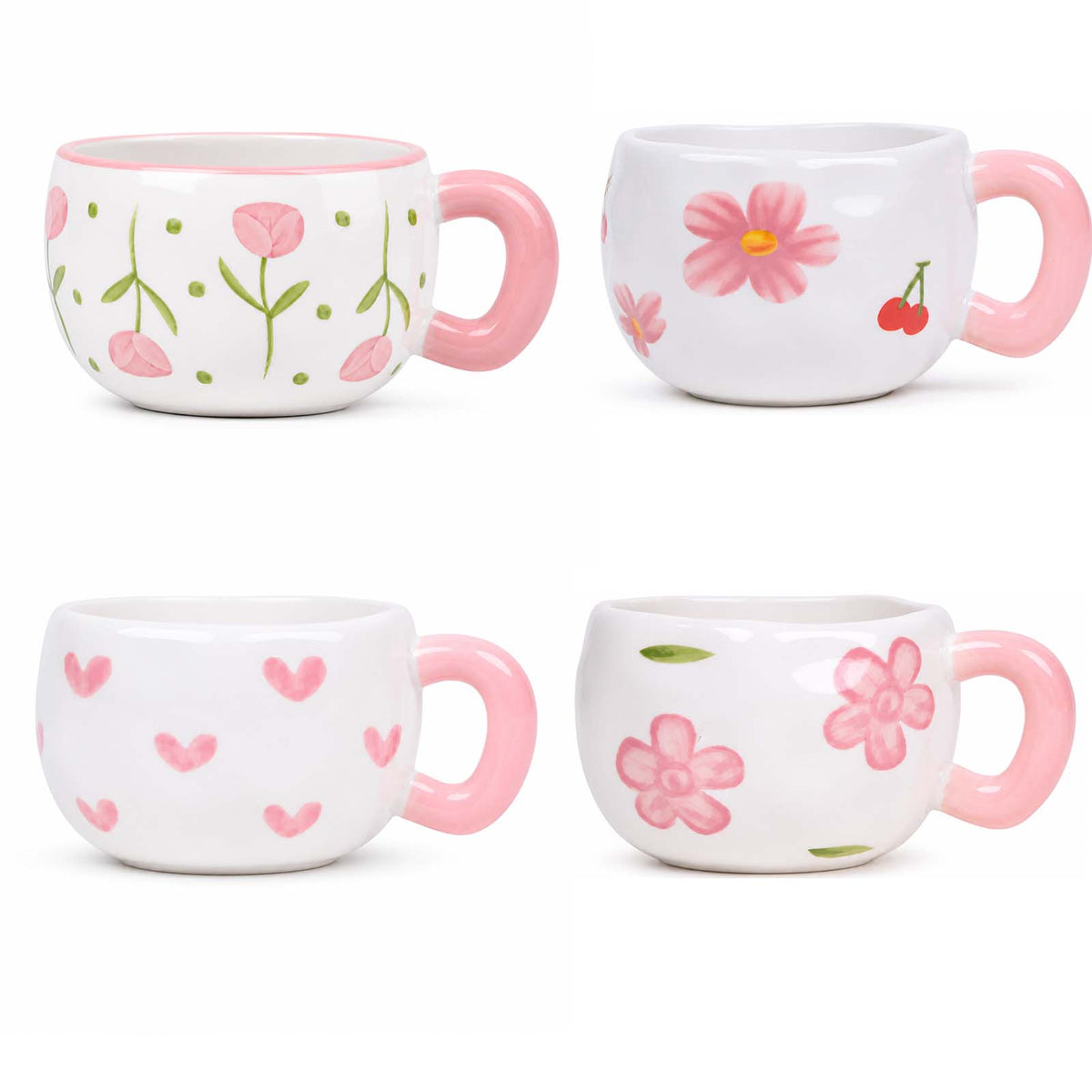 Mug en céramique blanc avec motif cerise et anse rose