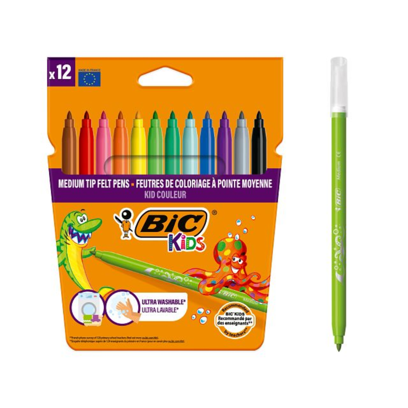 Feutres BIC Kids 12 Couleurs Pointe Moyenne Ultra Lavables - Librairie Oxford City