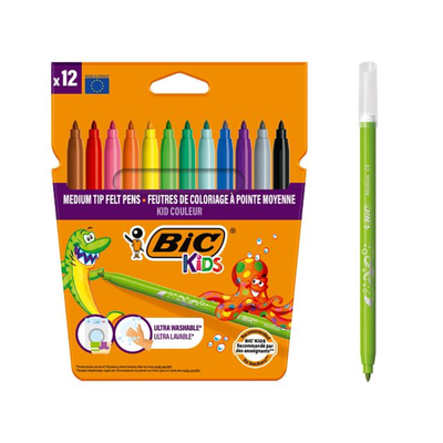 Feutres BIC Kids 12 Couleurs Pointe Moyenne Ultra Lavables - Librairie Oxford City