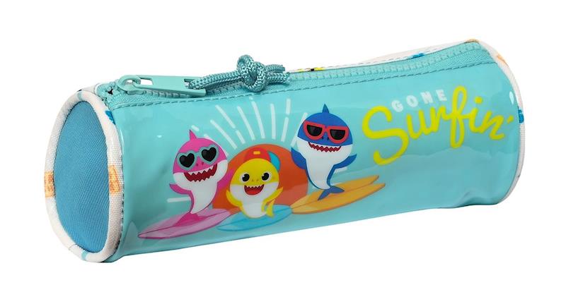 Trousse ronde Baby Shark bleue jaune et rose avec fermeture éclair