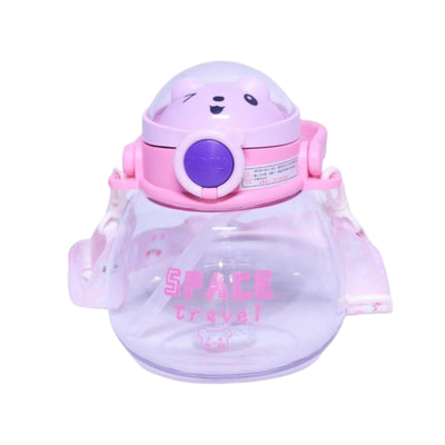 Bouteille d'eau enfant 1200ml Space Travel ourson avec paille, coloris vert, rose, marron et bleu