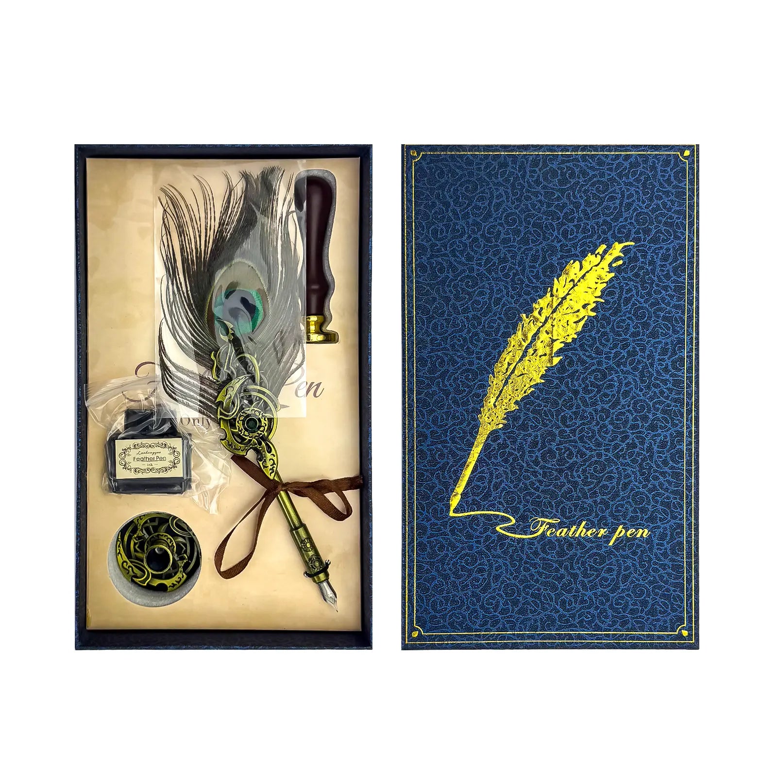 Coffret Plume de Paon & Cachet de Cire – Set Calligraphie Vintage (25.5 × 15 cm) - Librairie Oxford City