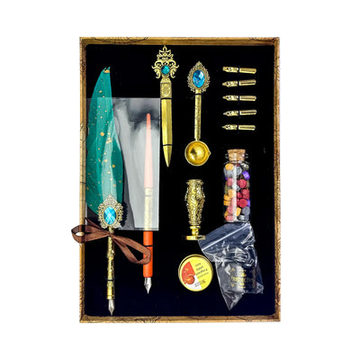 Coffret Plume & Cachet de Cire Vintage – Set d’Écriture et Sceau Royal (28.5 × 20 cm) - Librairie Oxford City
