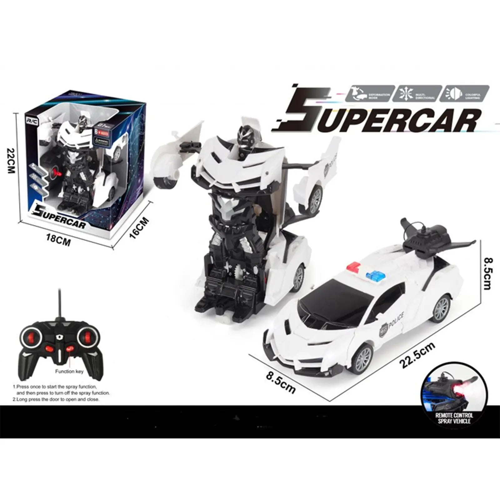 Voiture Transformable Télécommandée Police – Robot 360° avec Lumières & Transformation 1 - Bouton - Librairie Oxford City