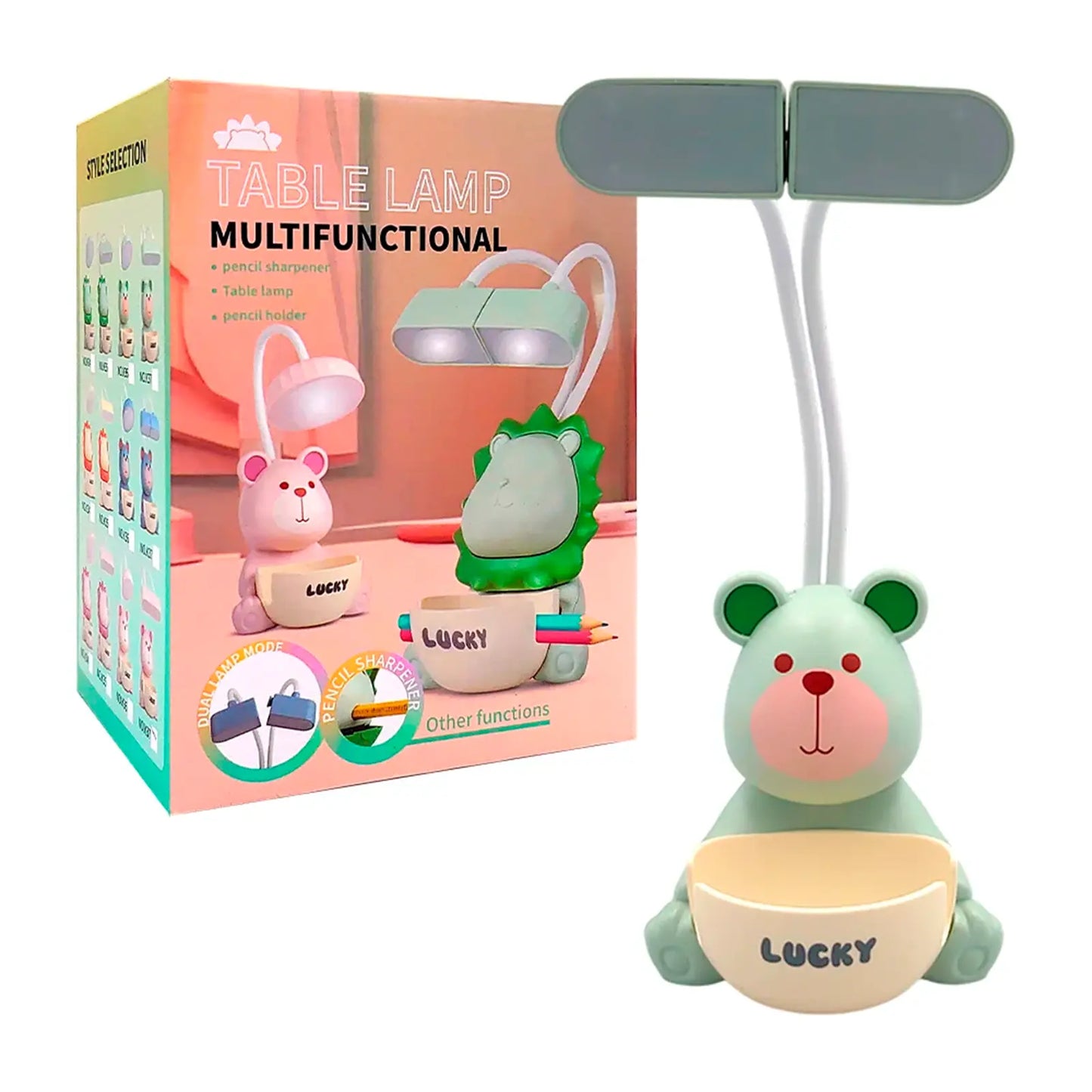 Lampe de Bureau Multifonction 3-en-1 🐻✨ – Taille-crayon + Porte-crayons + Lampe LED