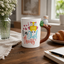 Mug en céramique blanc et jaune avec anse girafe et citation motivante