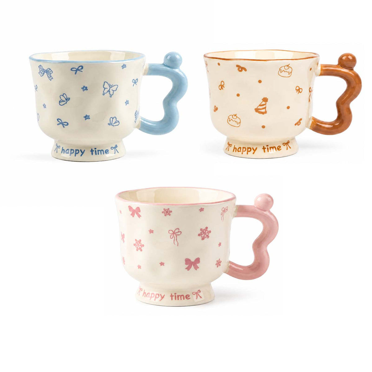 Mug en céramique crème et bleu avec motif papillon, nœud et texte Happy Time