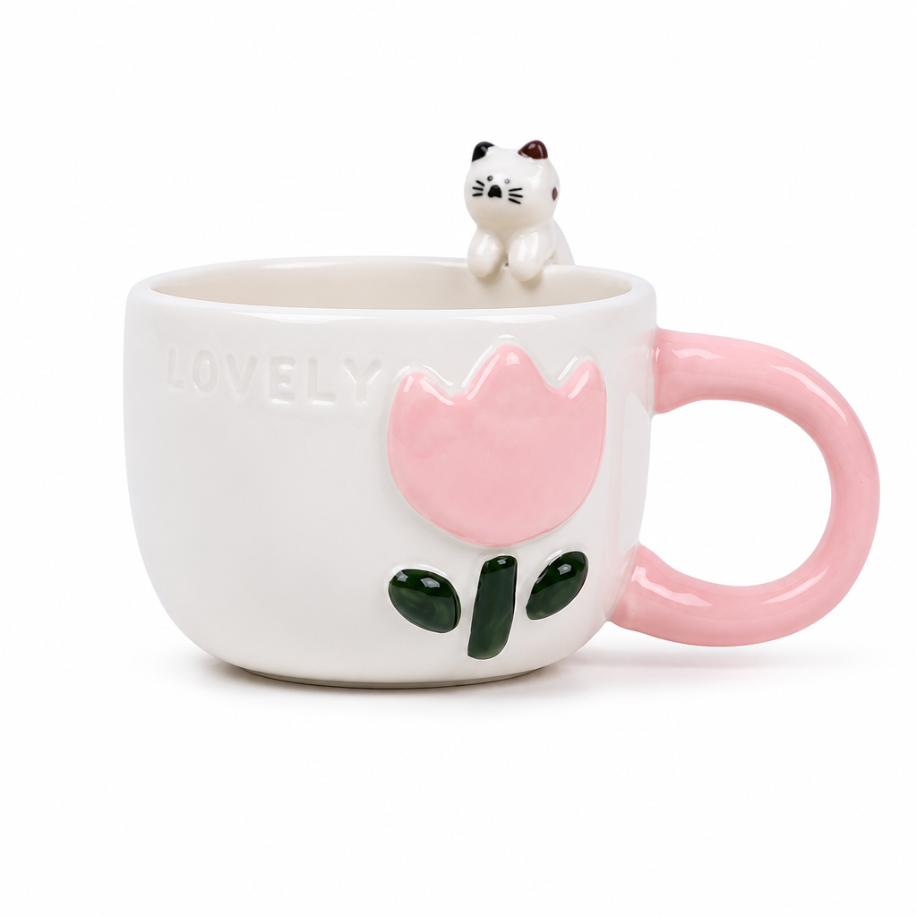Mug en Céramique Décoratif — Motif Chat et Fleurs