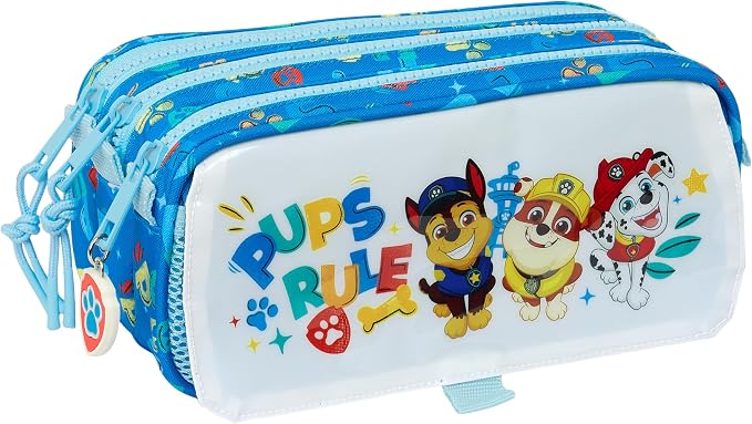 Trousse 3 compartiments Paw Patrol bleue et rouge avec motifs personnages