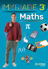 Manuel Maths 3e Myriade Bordas 2021, couverture bleue et blanche avec illustrations mathématiques