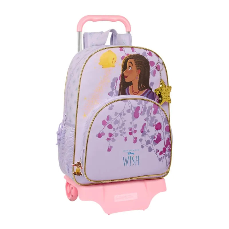 Cartable à roulettes Disney Wish violet et rose avec poignée trolley