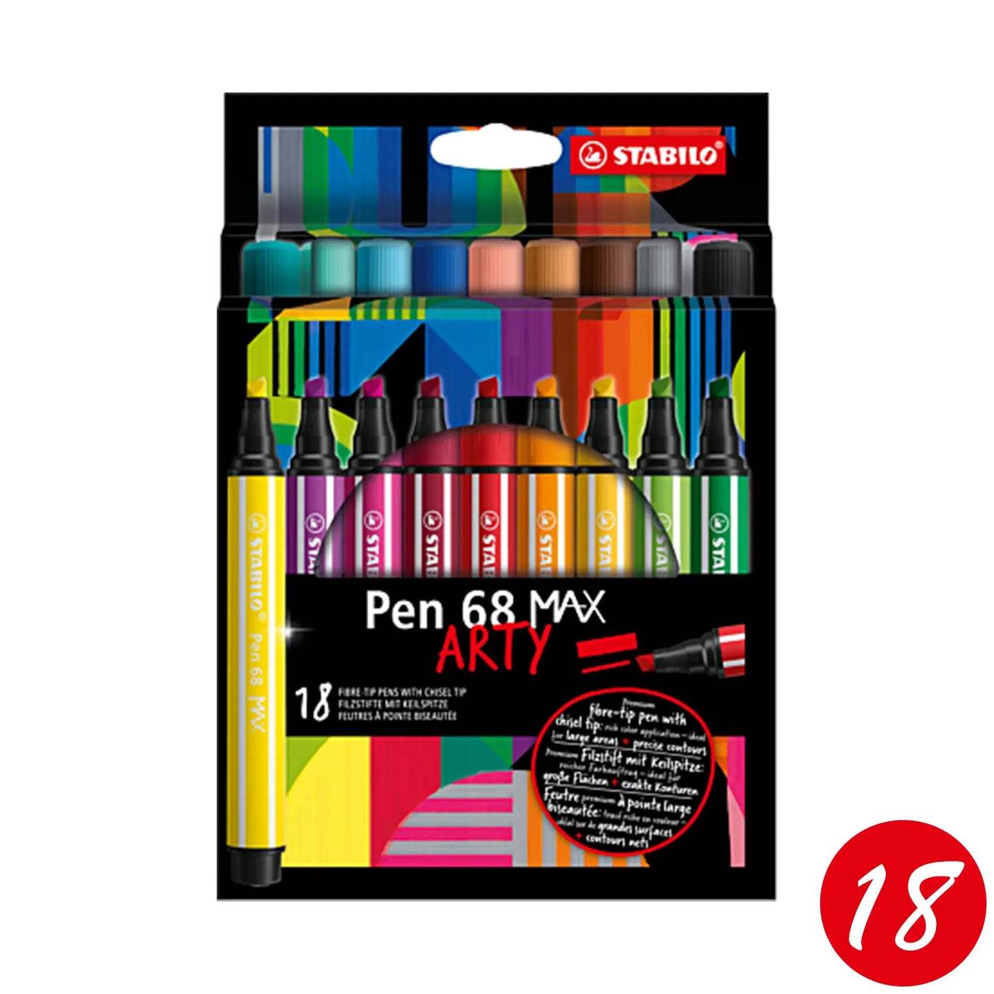 🖊️ Set de 18 Feutres STABILO Pen 68 MAX Arty | Pointe Biseautée & Couleurs Ultra Vives - Librairie Oxford City