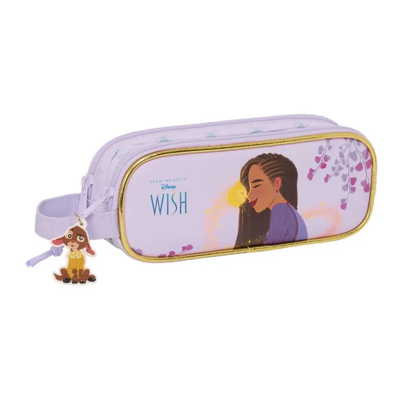 Trousse scolaire Disney Wish 2 zips violet et doré avec breloque