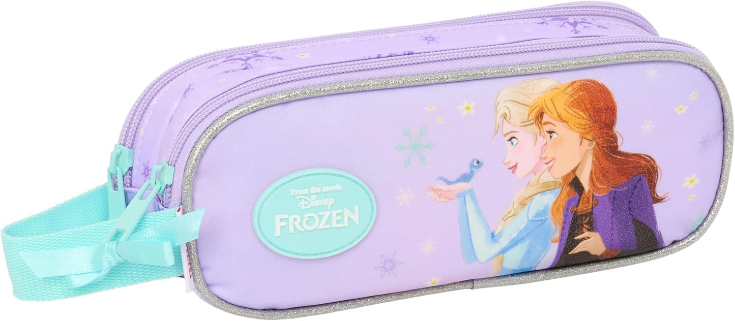 Trousse scolaire Frozen 2 zips motif Elsa et Anna violet et bleu avec finitions pailletées
