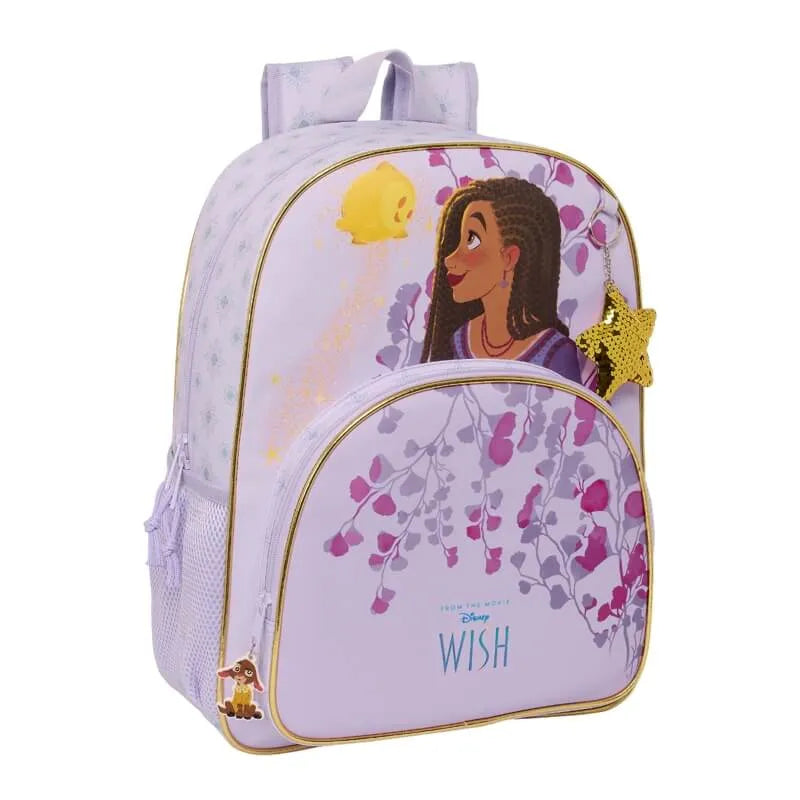 Sac à dos Disney Wish violet et rose avec poche frontale et porte-clés étoile